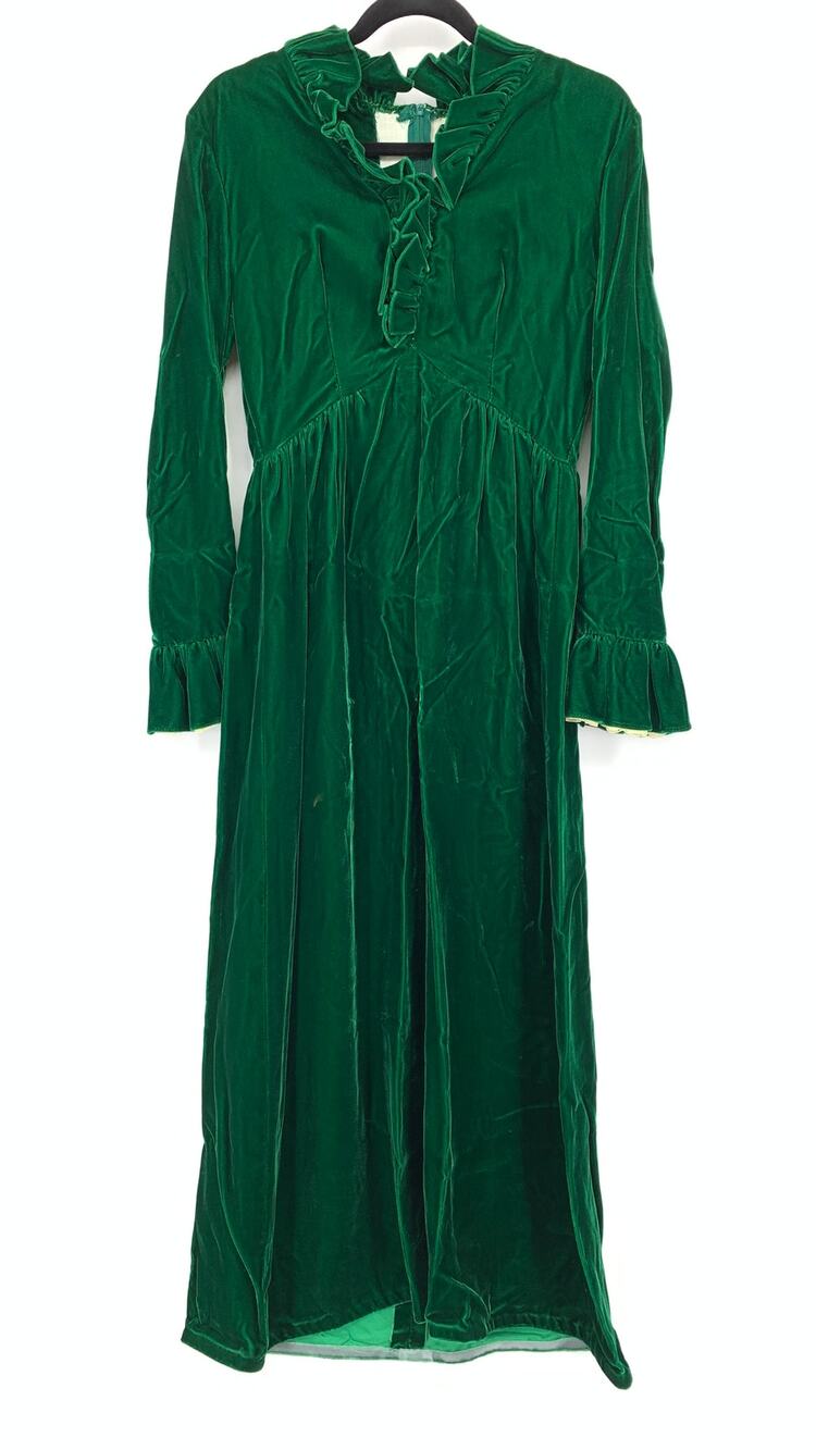 Vintage Long Sleeve Maxi Dress Womens Apx Size Medium Ruffle Front Dark Green